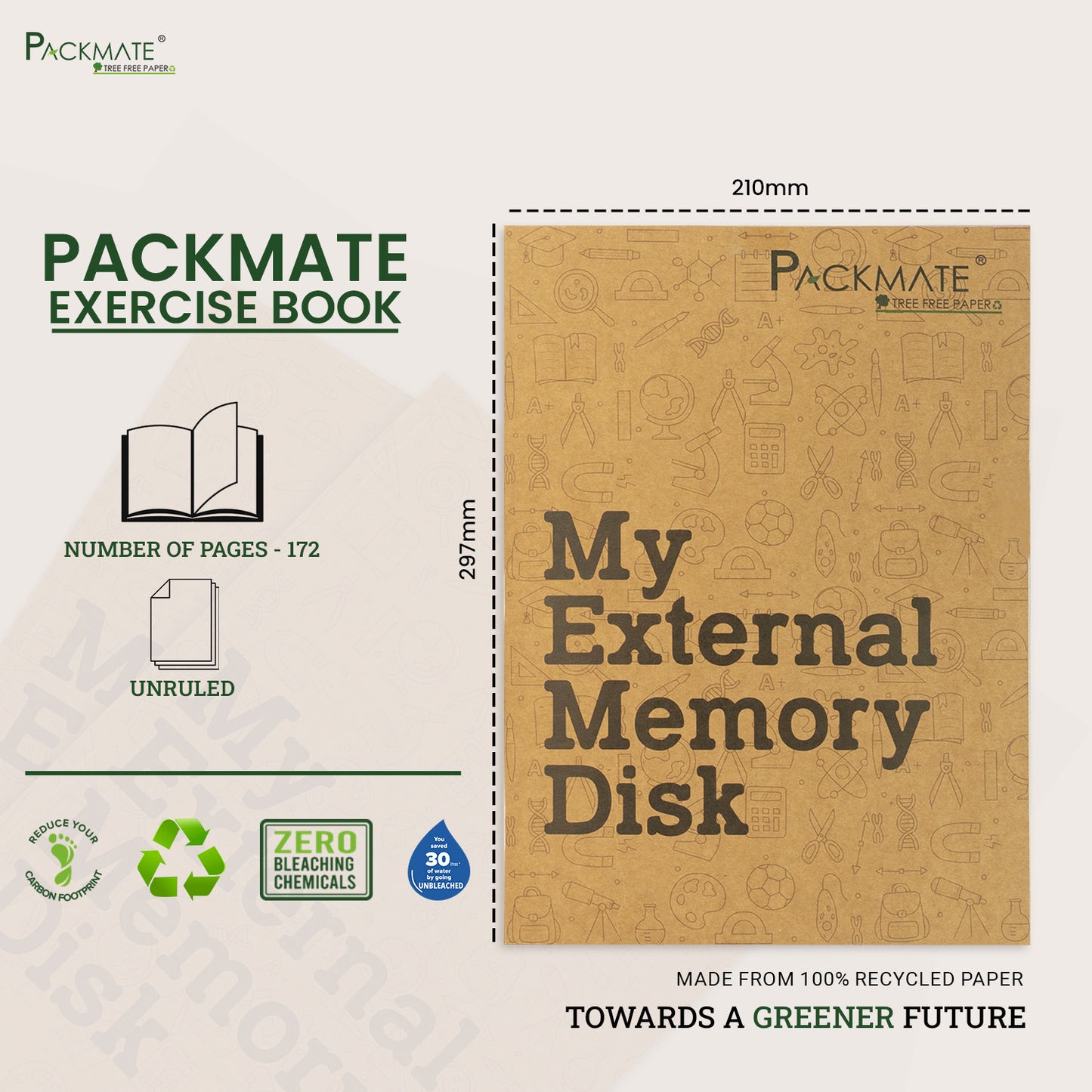 Packmate A4 Exercise Book - Unruled (Pack of 3) Made From 100% Recycled Paper