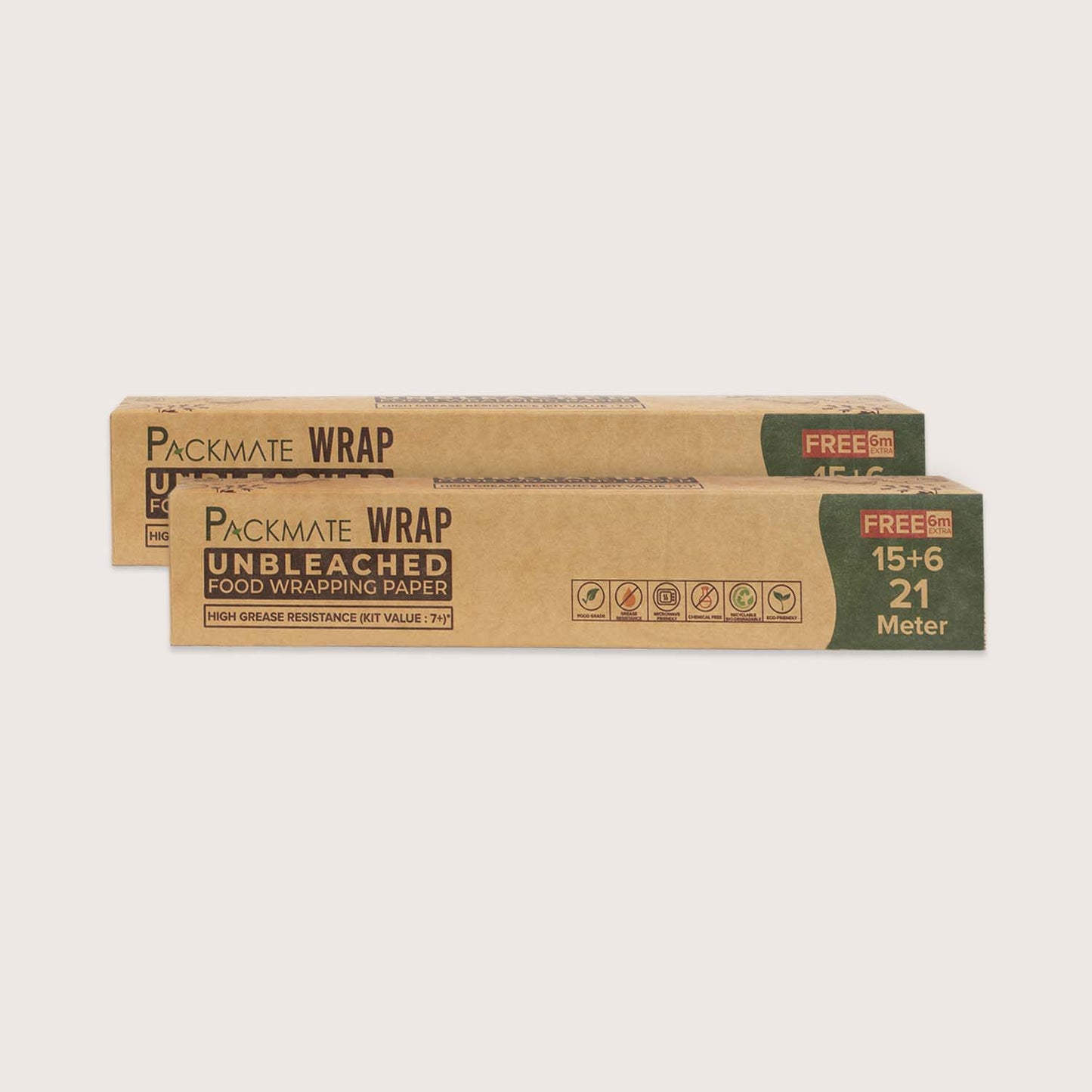 Packmate Wrap - Unbleached Greaseproof Food Wraping Paper (Brown), 21 (15+6) Meter Roll (Pack of 2)