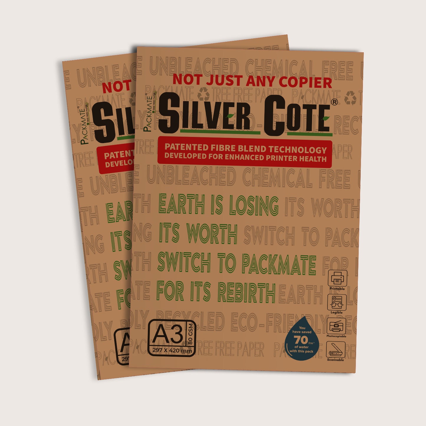 Packmate Silvercote Copier - A3, 1 Ream, 500 Sheet (Not Bright White) |  Made From 100% Recycled Paper