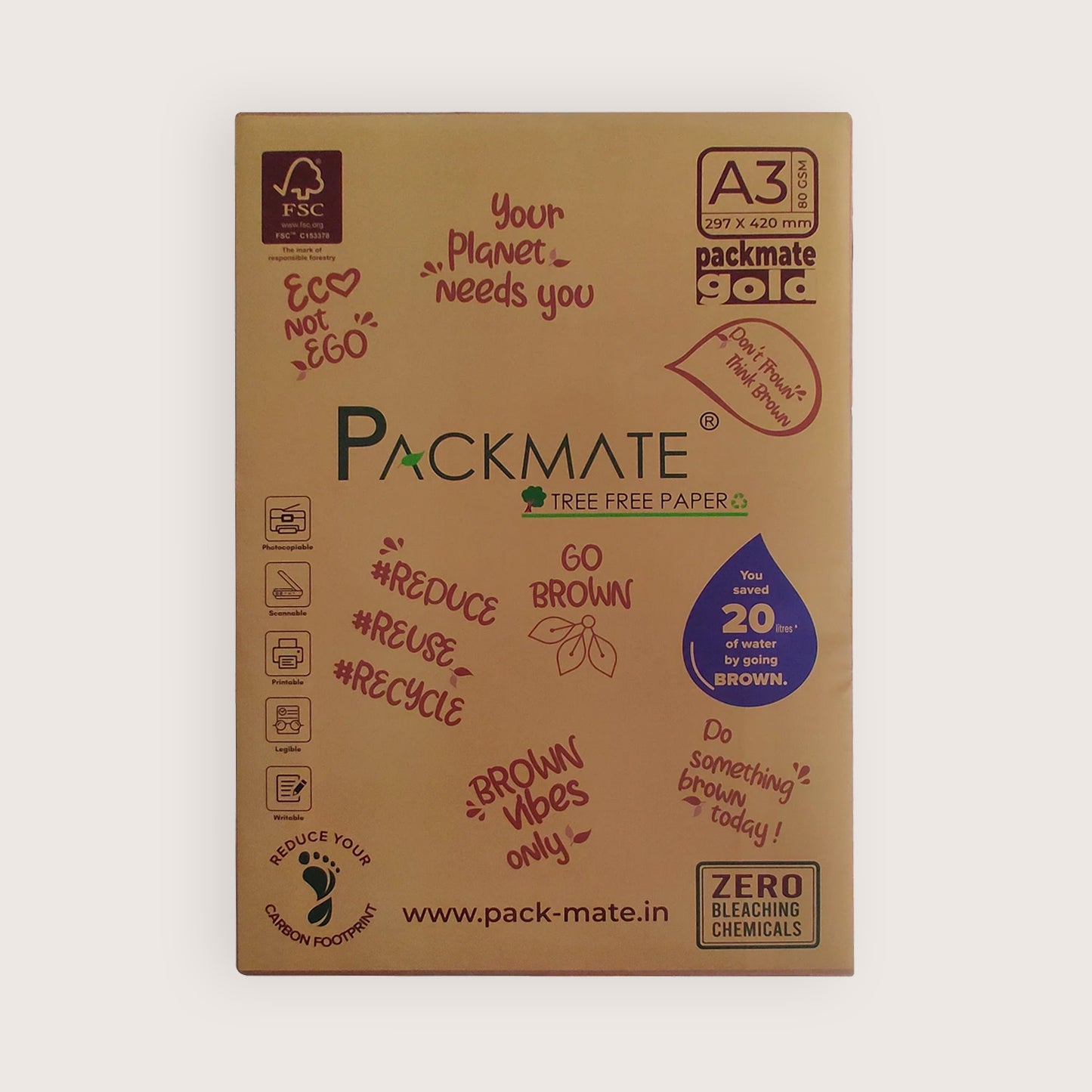 Packmate Gold Copier - A3, 1 Ream, 500 Sheet |  Made From 100% Recycled Paper