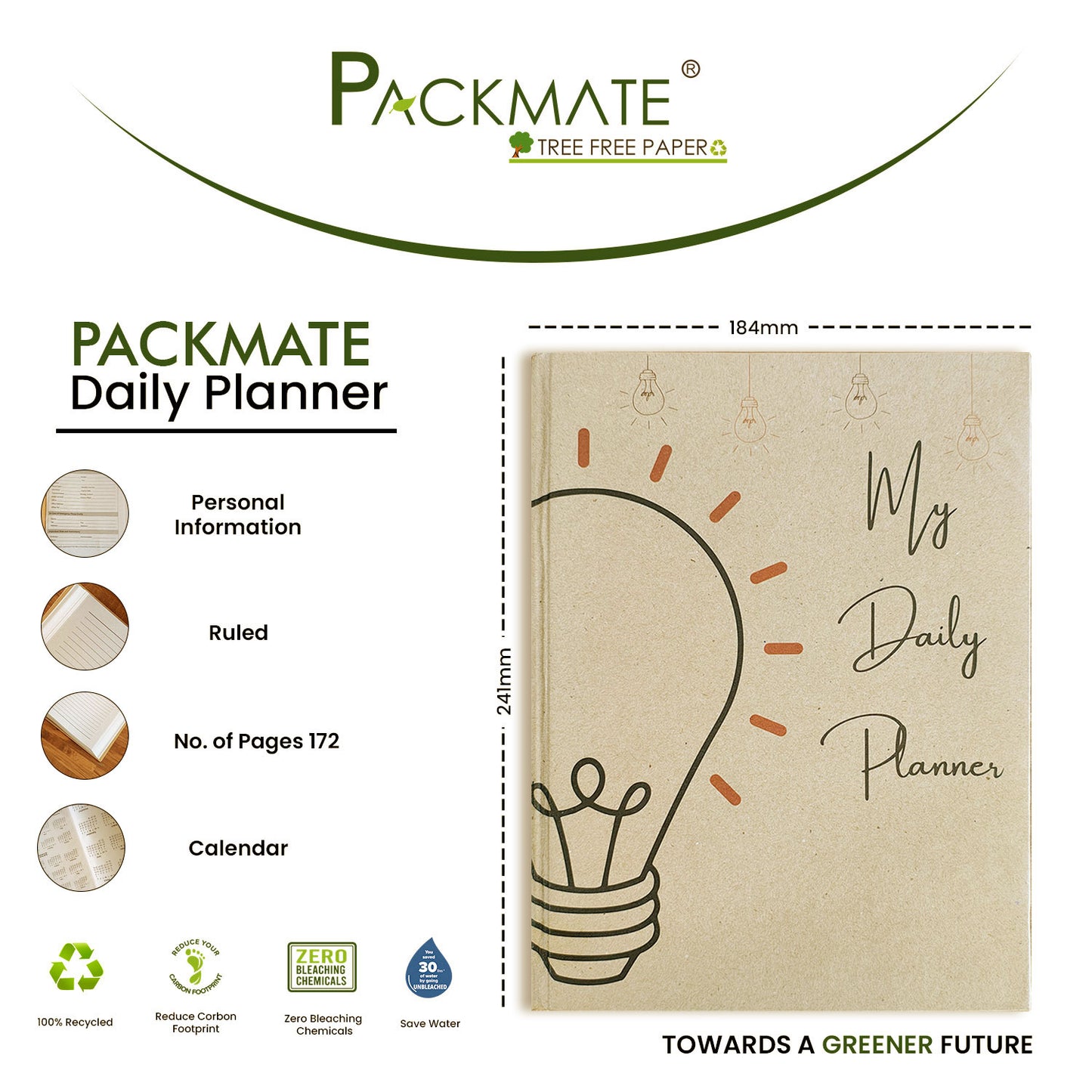 Packmate Eco-Friendly Diaries - 2024-2026 Yearly Calendar, Monthly Planner, and Ruled Pages | Made from 100% Recycled Paper