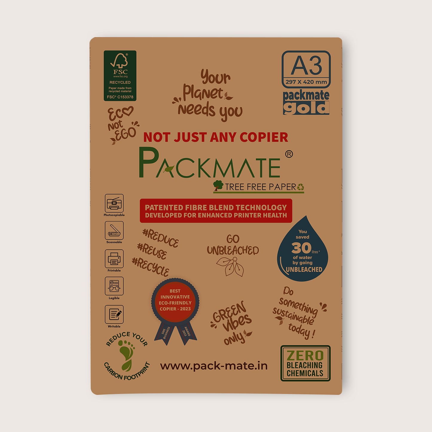 Packmate Gold Copier - A3, 1 Ream, 500 Sheet (Not Bright White) |  Made From 100% Recycled Paper