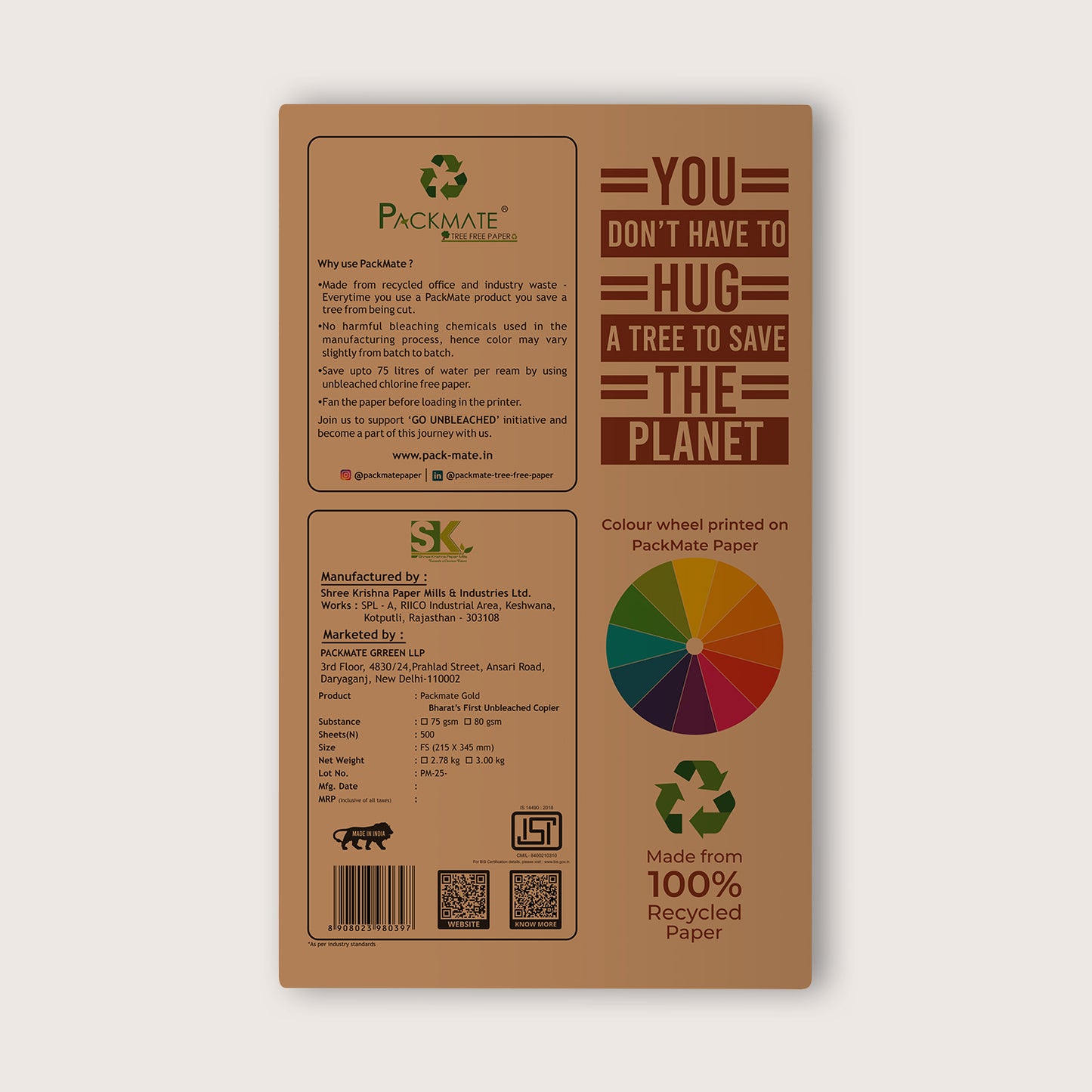 Packmate Gold Copier - FS, 1 Ream, 500 Sheet (Not Bright White) |  Made From 100% Recycled Paper