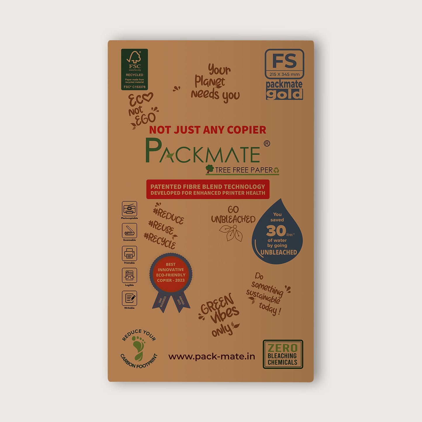 Packmate Gold Copier - FS, 1 Ream, 500 Sheet (Not Bright White) |  Made From 100% Recycled Paper