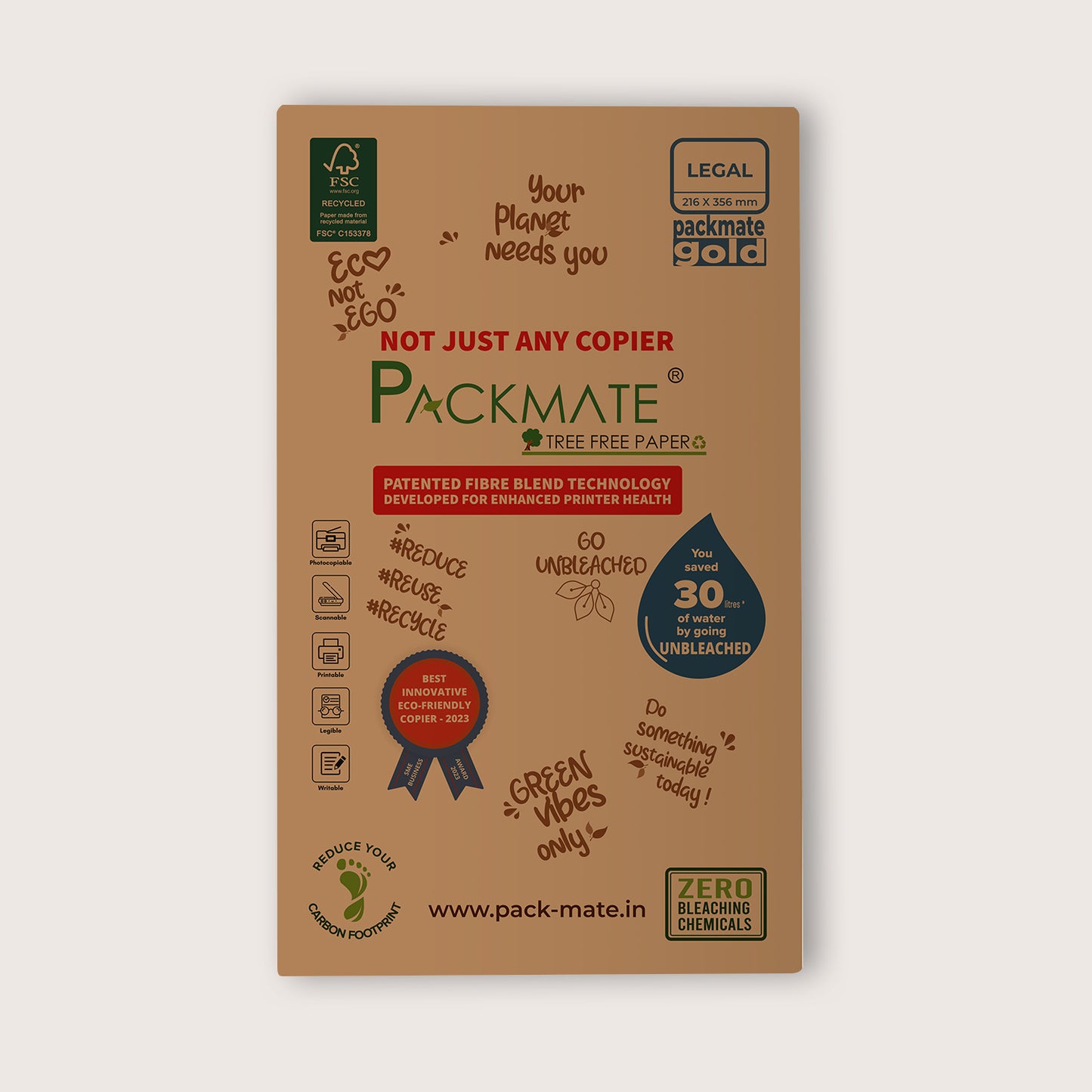 Packmate Gold Copier - Legal,1 Ream, 500 Sheet (Not Bright White) |  Made From 100% Recycled Paper