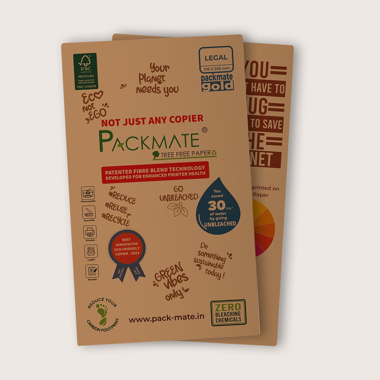 Packmate Gold Copier - Legal,1 Ream, 500 Sheet (Not Bright White) |  Made From 100% Recycled Paper