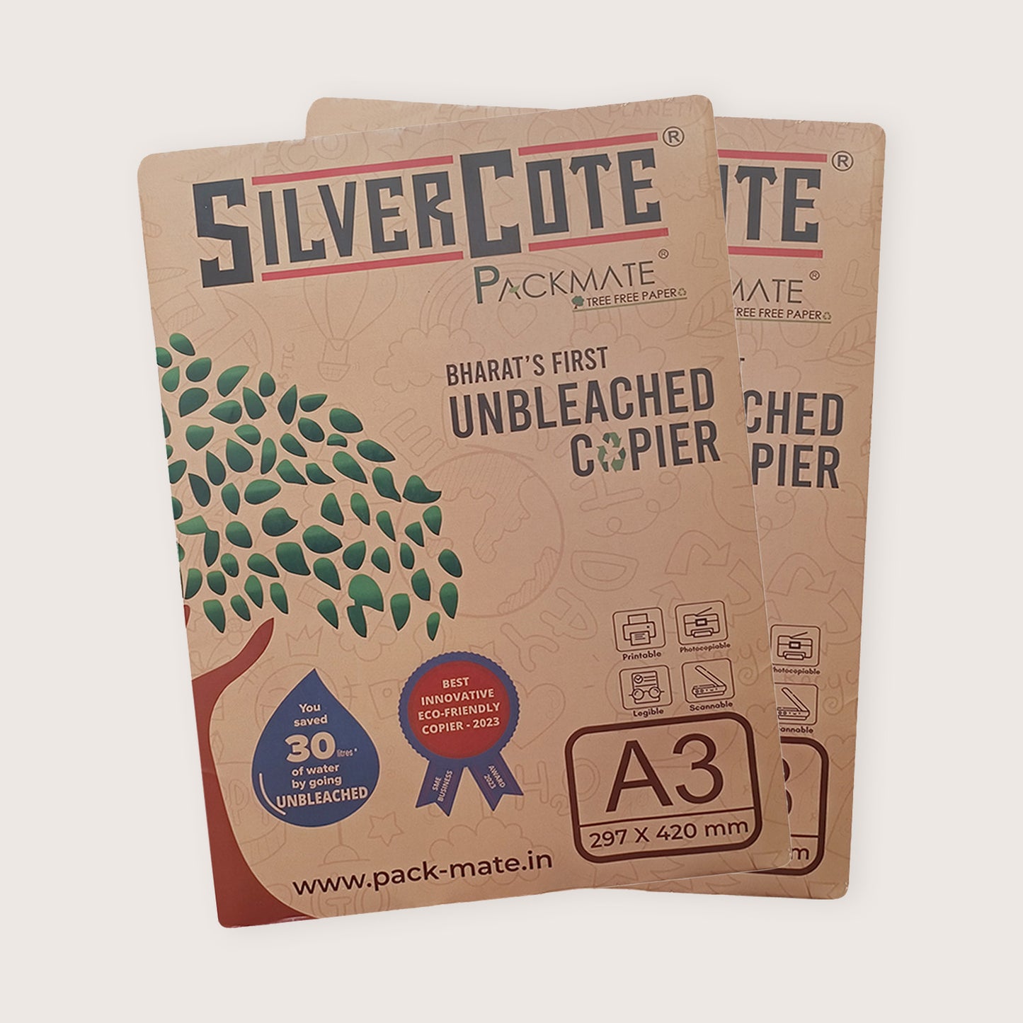 Packmate Silvercote Copier - A3, 1 Ream, 500 Sheet |  Made From 100% Recycled Paper