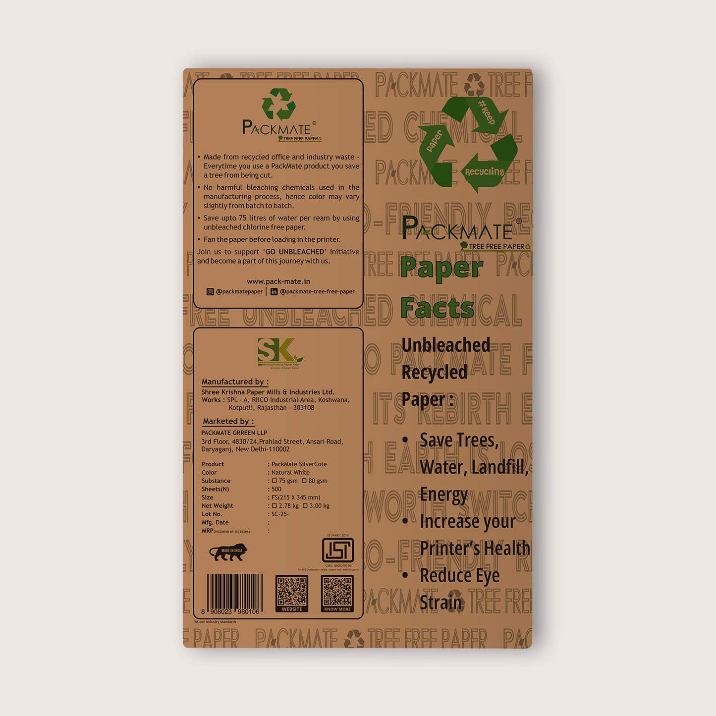 Packmate Silvercote Copier - FS, 1 Ream, 500 Sheet (Not Bright White) |  Made From 100% Recycled Paper
