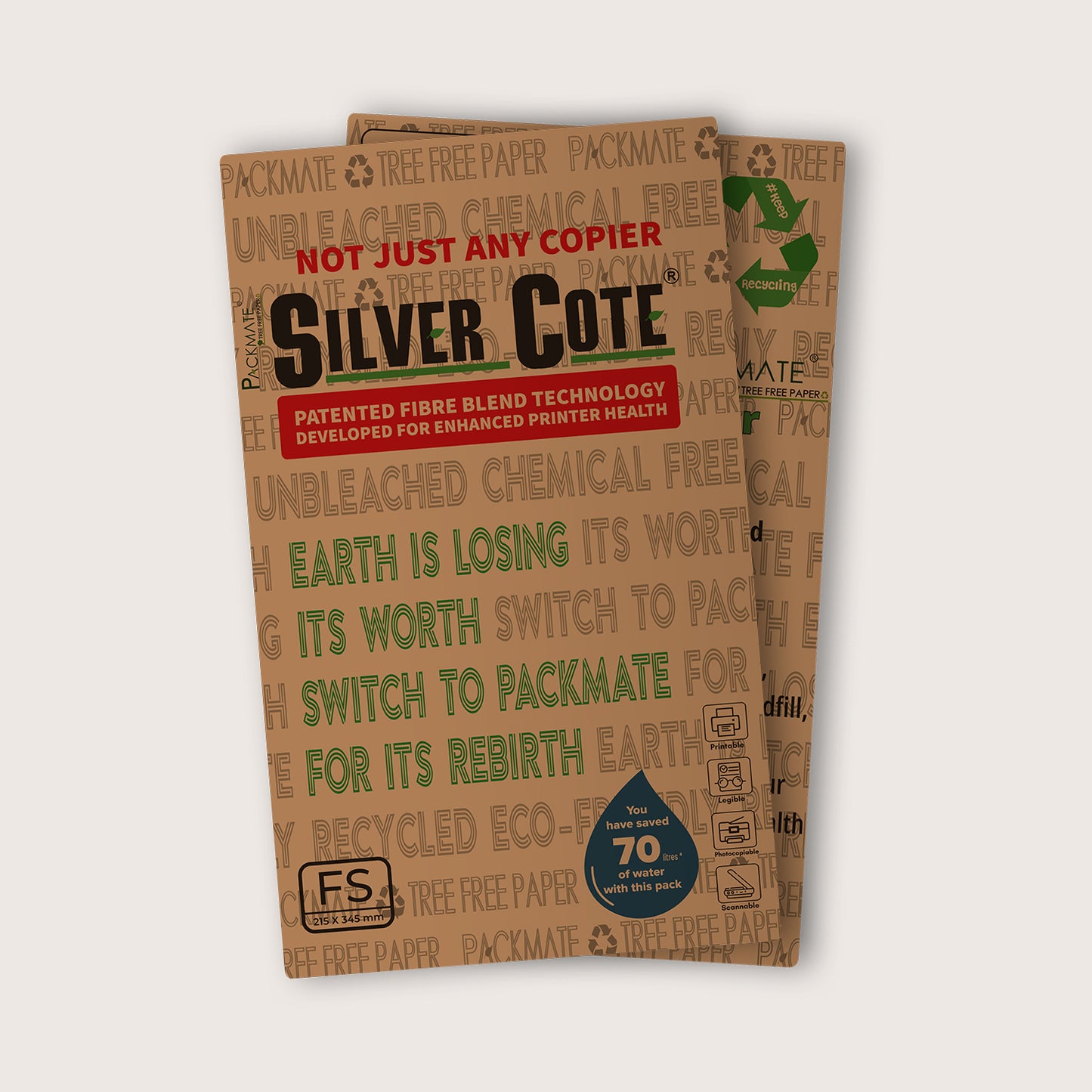 Packmate Silvercote Copier - FS, 1 Ream, 500 Sheet (Not Bright White) |  Made From 100% Recycled Paper