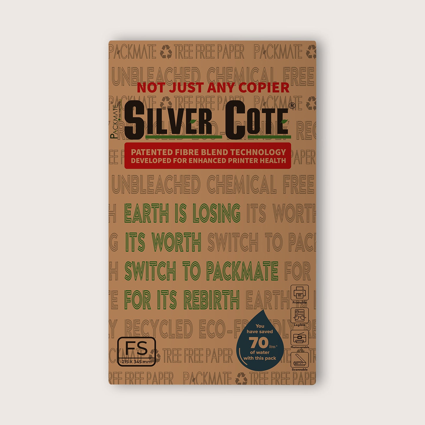 Packmate Silvercote Copier - FS, 1 Ream, 500 Sheet (Not Bright White) |  Made From 100% Recycled Paper