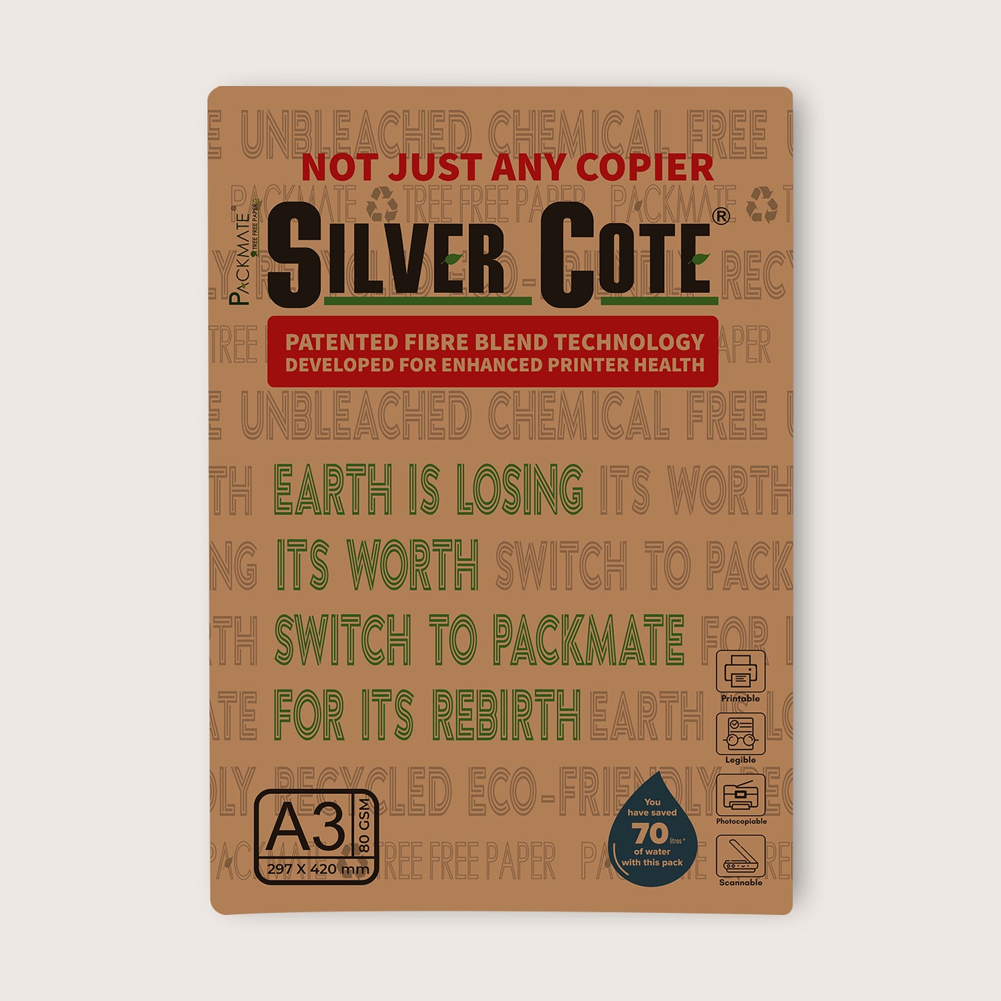 Packmate Silvercote Copier - A3, 1 Ream, 500 Sheet (Not Bright White) |  Made From 100% Recycled Paper