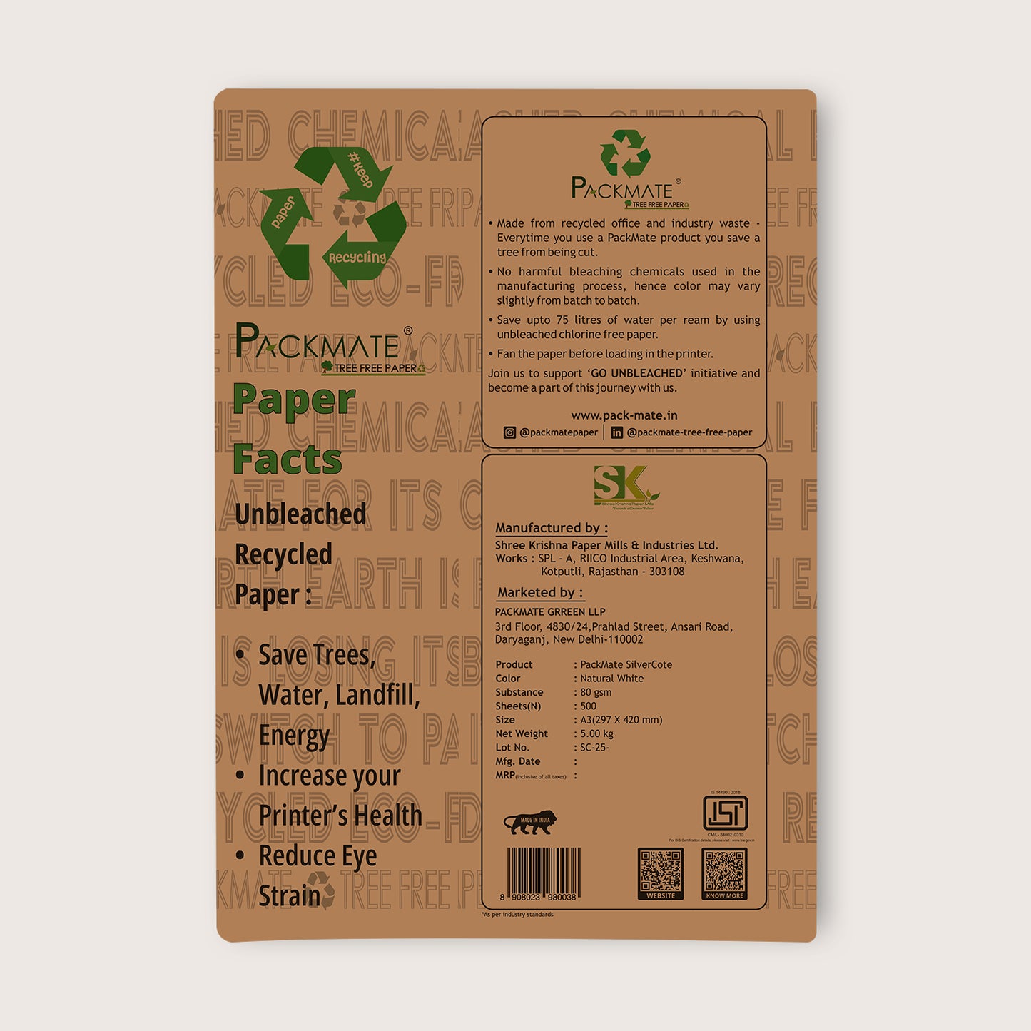 Packmate Silvercote Copier - A3, 1 Ream, 500 Sheet (Not Bright White) |  Made From 100% Recycled Paper