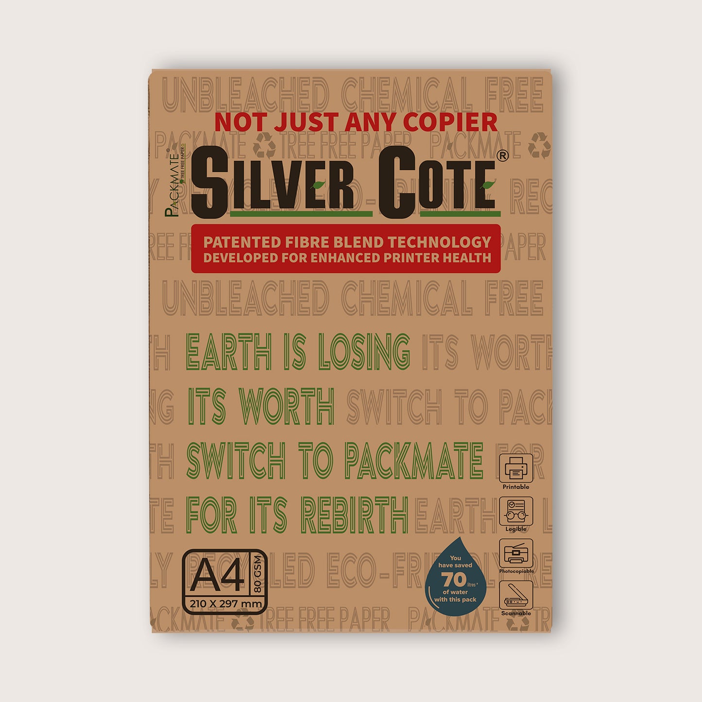 Packmate Silvercote A4 Printer Paper (500 Sheets) (Not Bright White) | High-quality paper made from 100% recycled materials | Ideal A4 paper ream for eco-friendly printing!