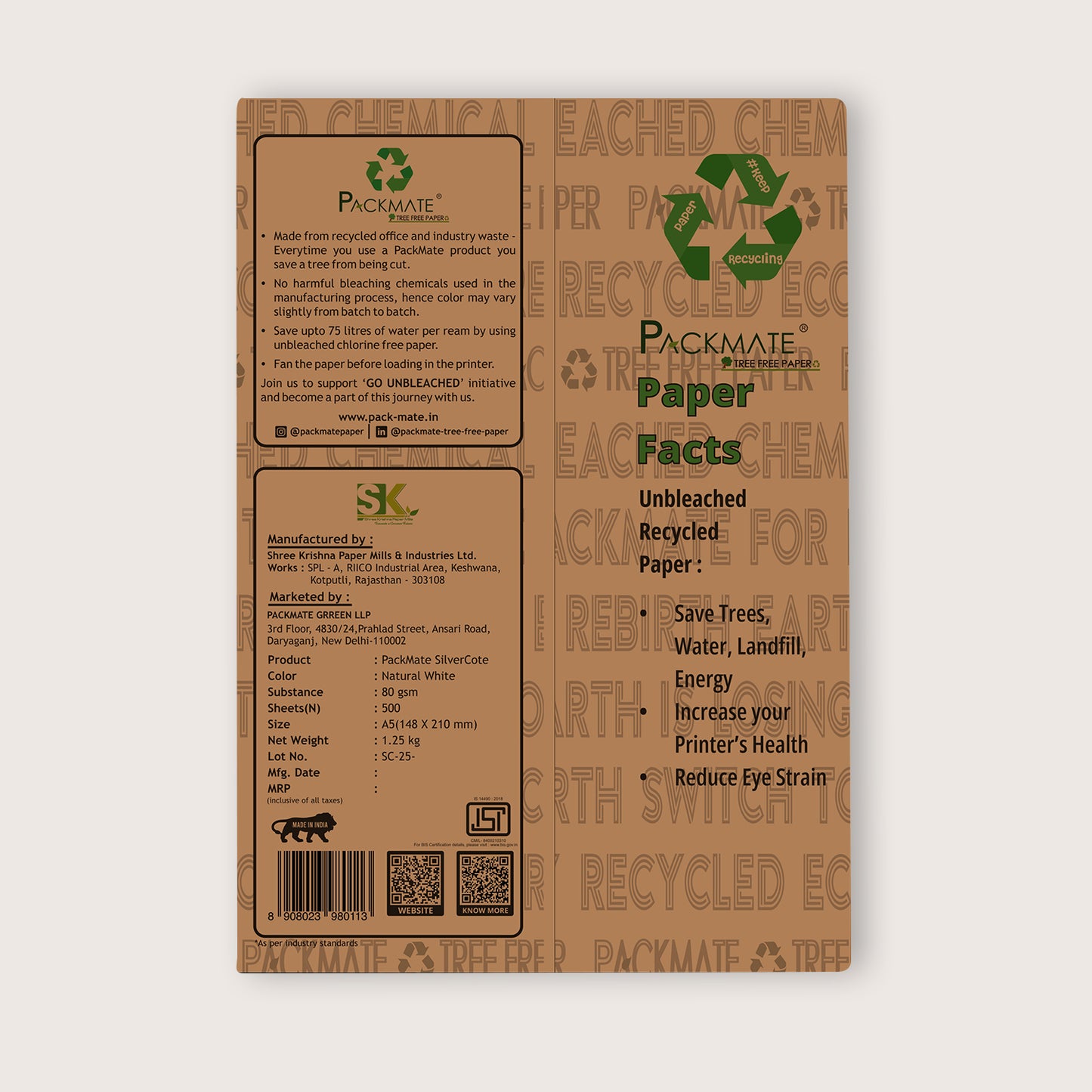 Packmate Silvercote A5 Copier, 1 Ream, 500 Sheets (Pack of 2) (Not Bright White) Made From 100% Recycled Paper