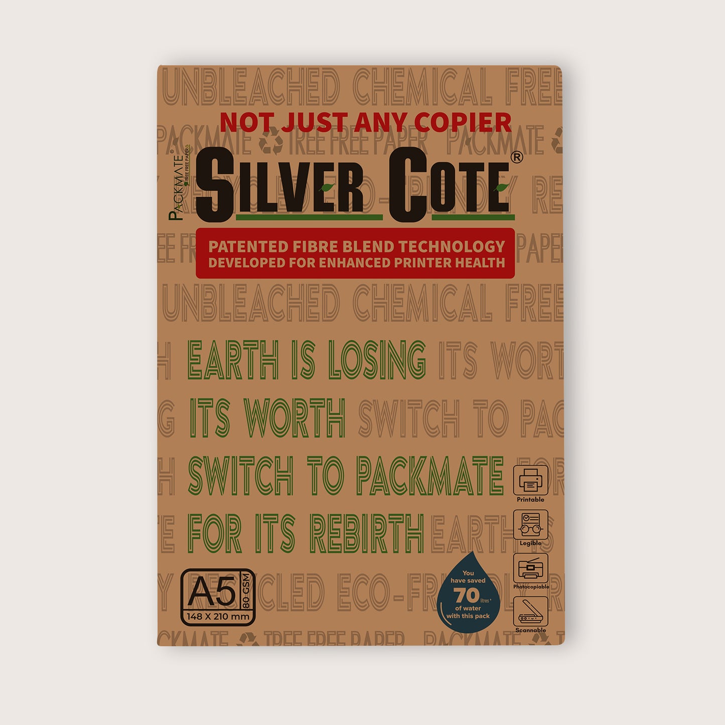 Packmate Silvercote A5 Copier, 1 Ream, 500 Sheets (Pack of 2) (Not Bright White) Made From 100% Recycled Paper
