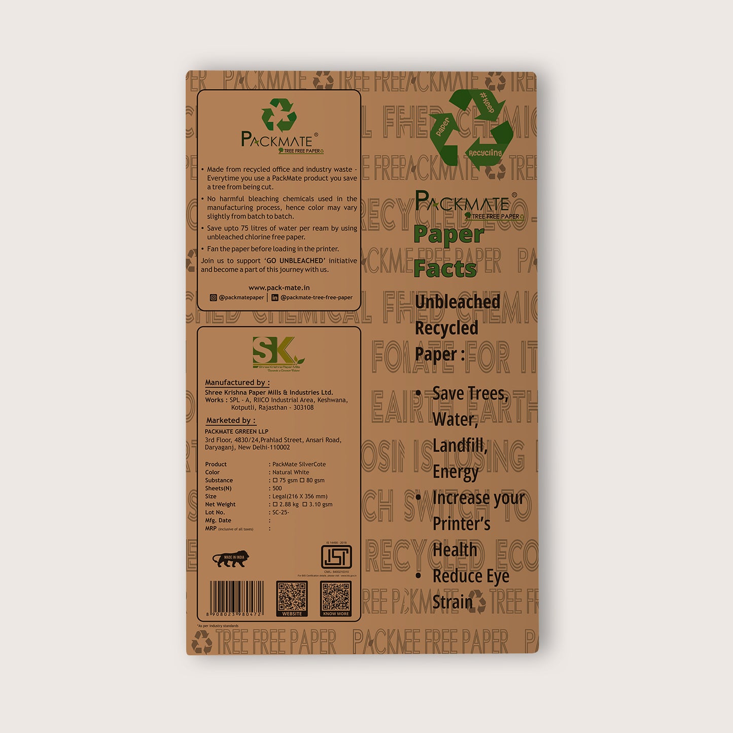 Packmate Silvercote Copier - Legal,1 Ream, 500 Sheet (Not Bright White) |  Made From 100% Recycled Paper