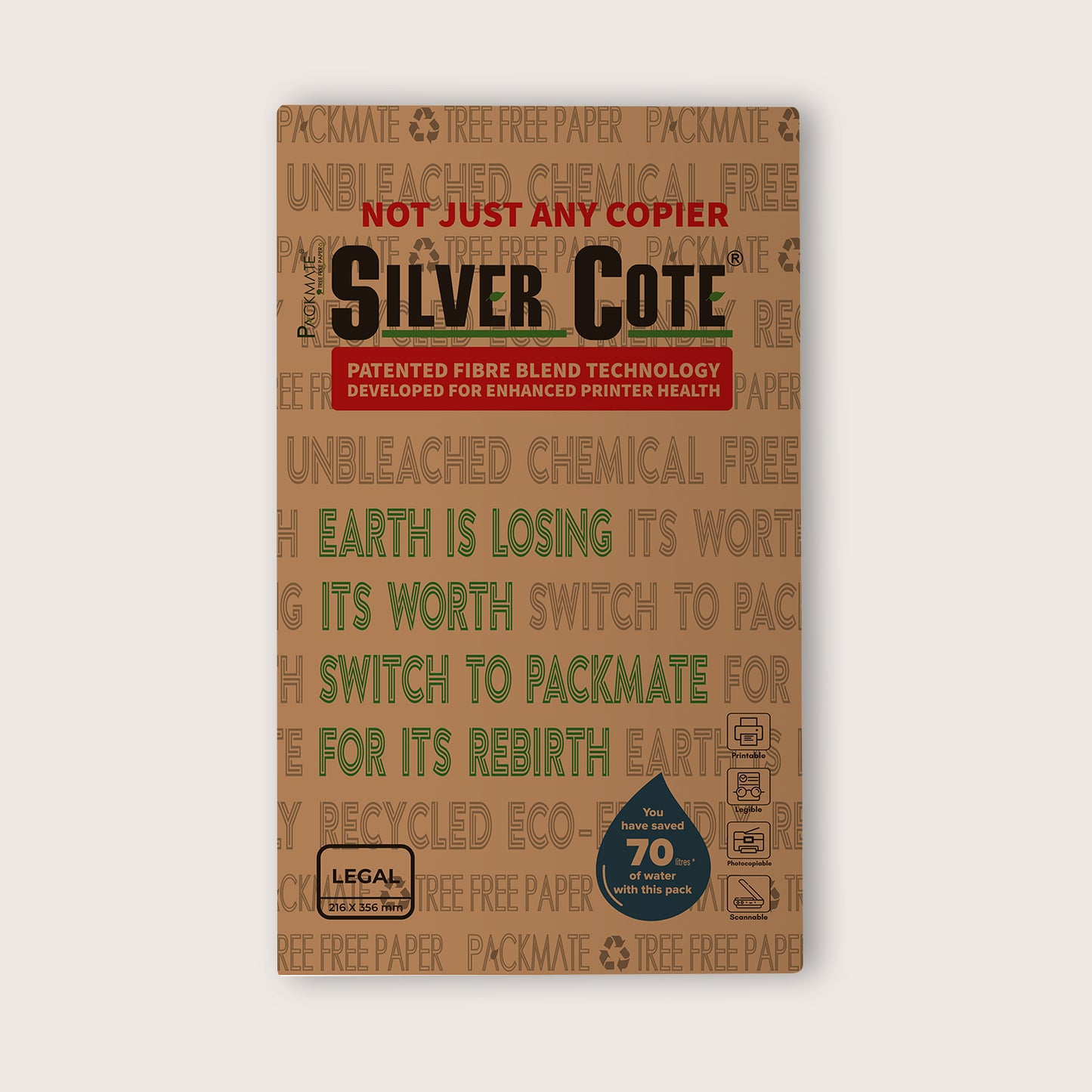 Packmate Silvercote Copier - Legal,1 Ream, 500 Sheet (Not Bright White) |  Made From 100% Recycled Paper