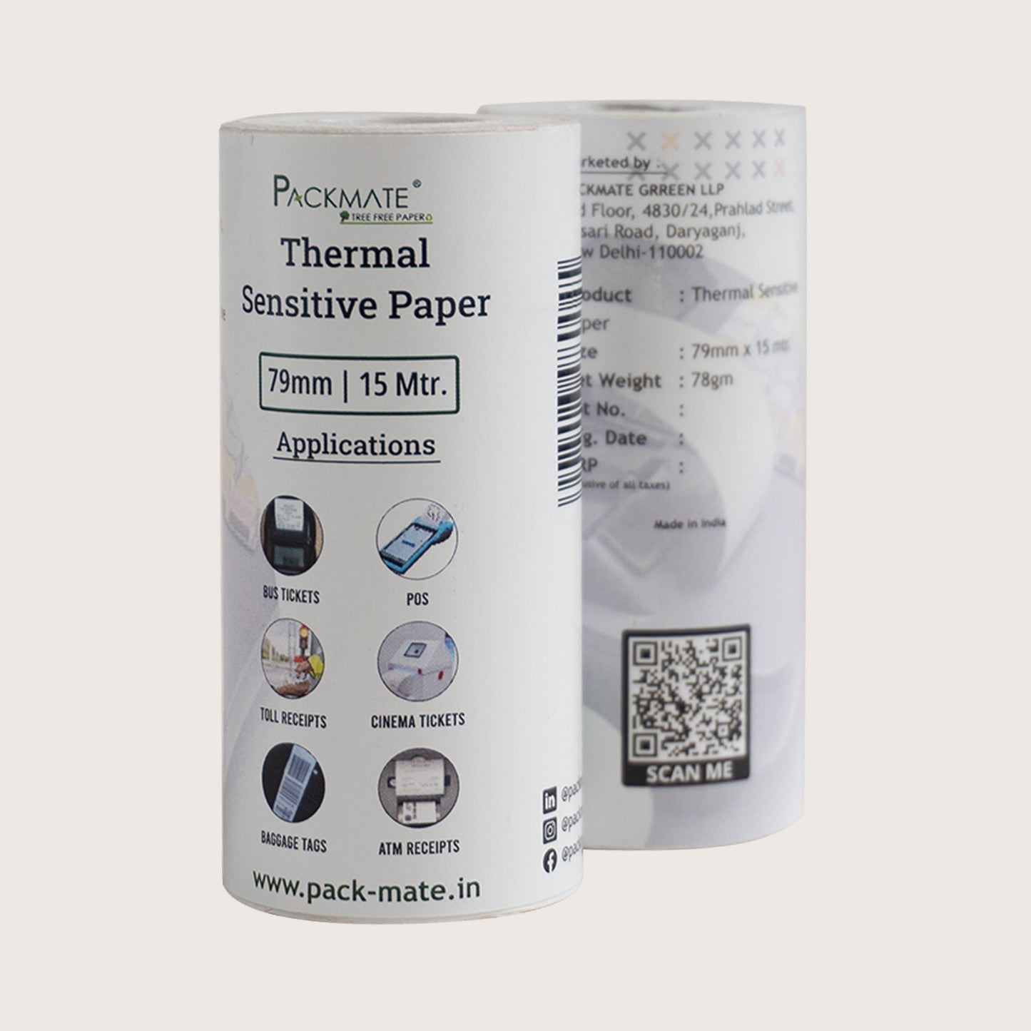Packmate Thermal paper Roll | 79mm x 15mtr | Pack of 10 Roll