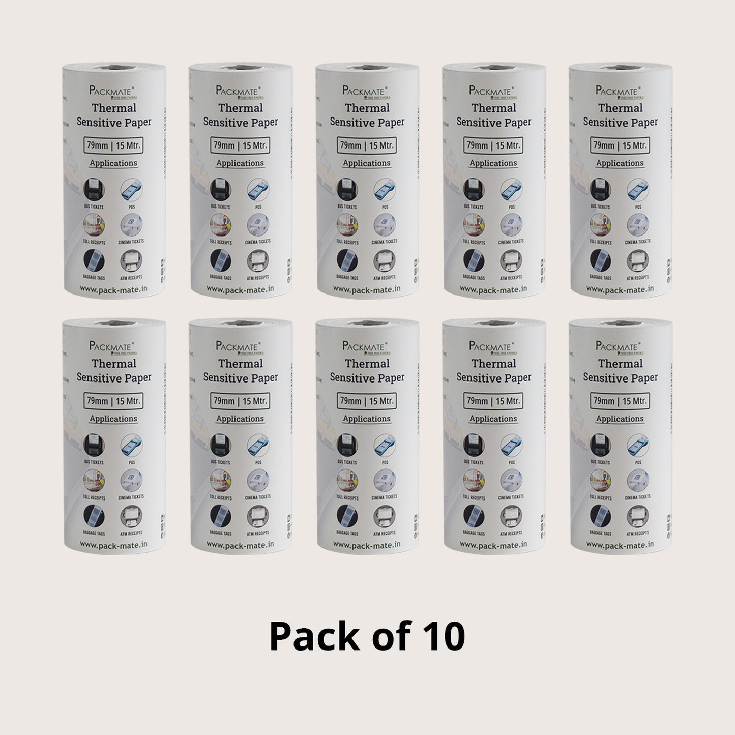 Packmate Thermal paper Roll | 79mm x 15mtr | Pack of 10 Roll