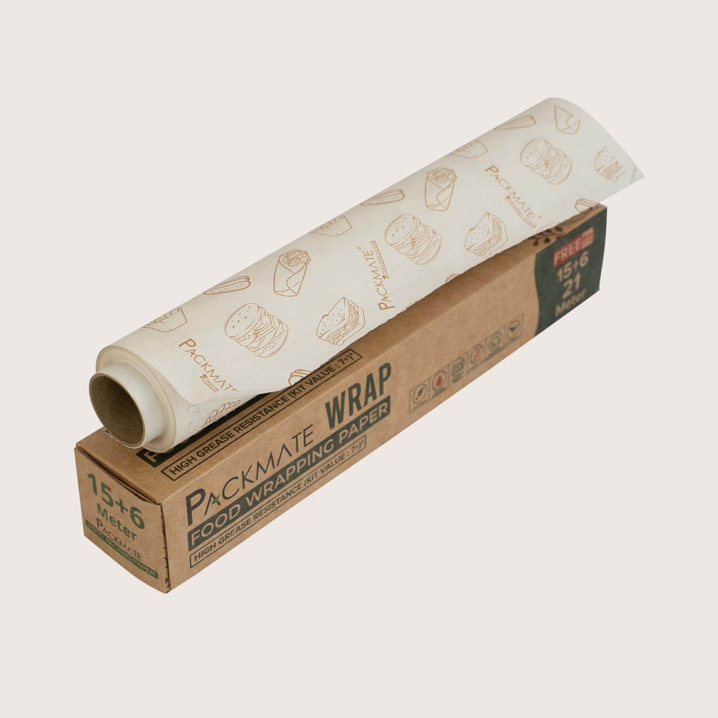 Packmate Wrap - Greaseproof Food Wraping Paper, 21 (15+6) Meter Roll (Pack of 2)