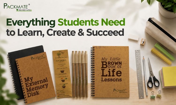 Packmate eco friendly stationery items for students with notebooks, recycled pens, and school essentials