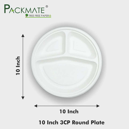 Packmate 10 Inch 3 Compartment Bagasse (3CP) Round Plate (Pack of 25)