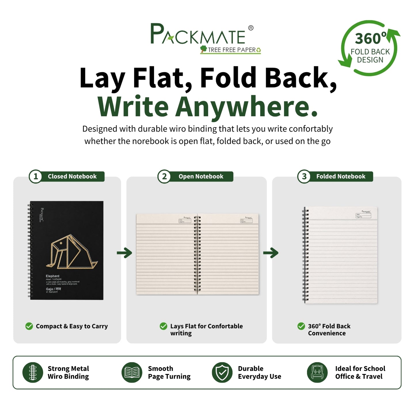 Packmate Black Spiral Notebook (Elephant Design) - Ruled Made of 100% Recycled Paper