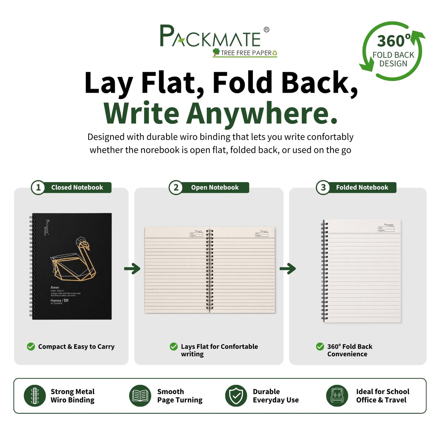 Packmate Black Spiral Notebook (Swan Design) - Ruled Made of 100% Recycled Paper
