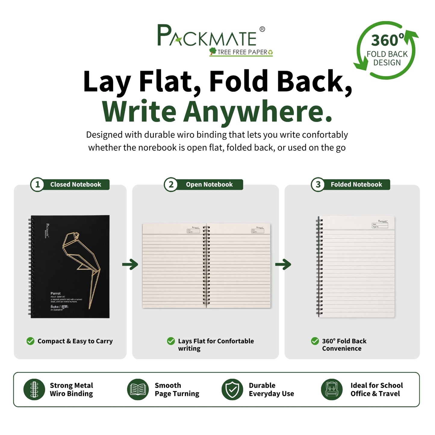 Packmate Black Spiral Notebook (Parrot Design) - Ruled Made of 100% Recycled Paper