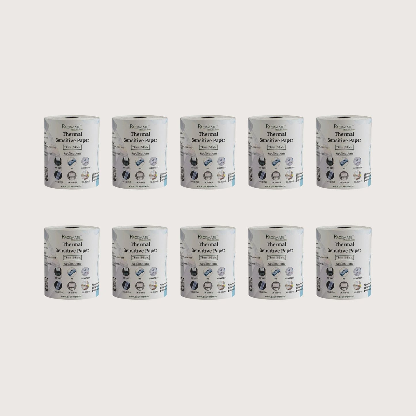 Packmate Thermal paper Roll | 79mm x 50mtr | Pack of 10 Roll