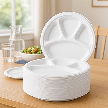 Packmate 11 Inch 4 Compartment Bagasse (3CP) Round Plate (Pack of 25)