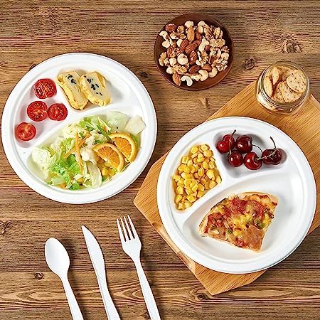 Packmate 10 Inch 3 Compartment Bagasse (3CP) Round Plate (Pack of 25)