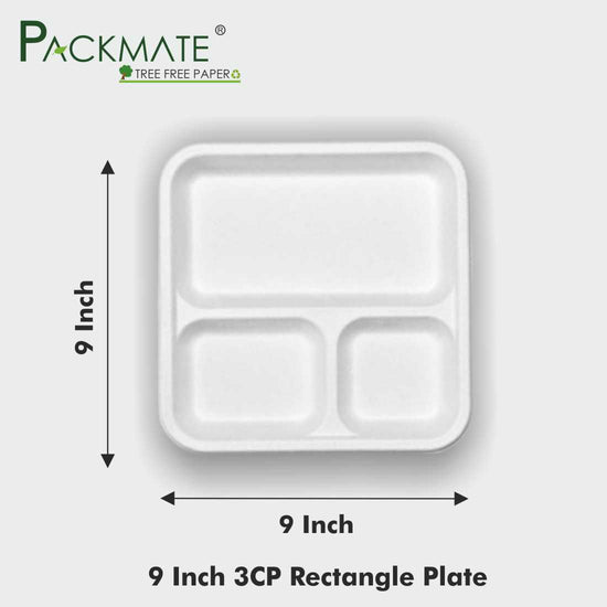 Packmate 9-Inch 3-Compartment Compostable Disposable Tableware Plates | Eco-Friendly | Pack of 25