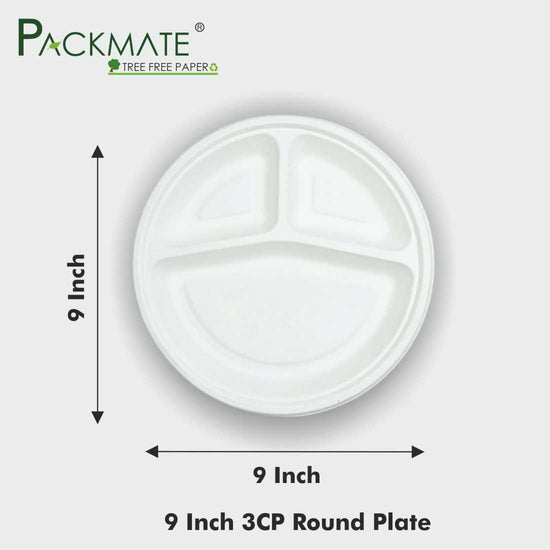 Packmate 9 Inch 3 Compartment Bagasse (3CP) Round Plate (Pack of 25)