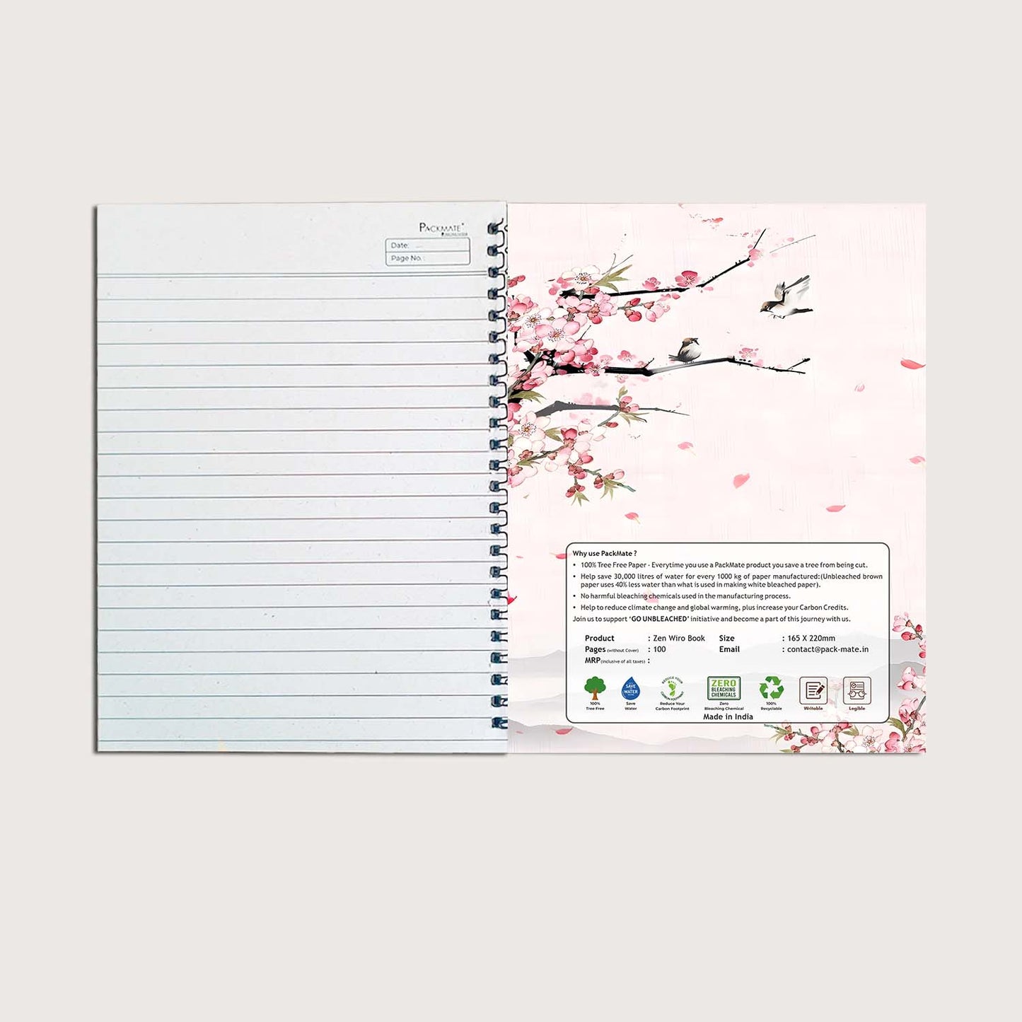 Packmate Cherry Blossoms Wiro Book | 100 Pages | Ruled Made of 100% Recycled Paper
