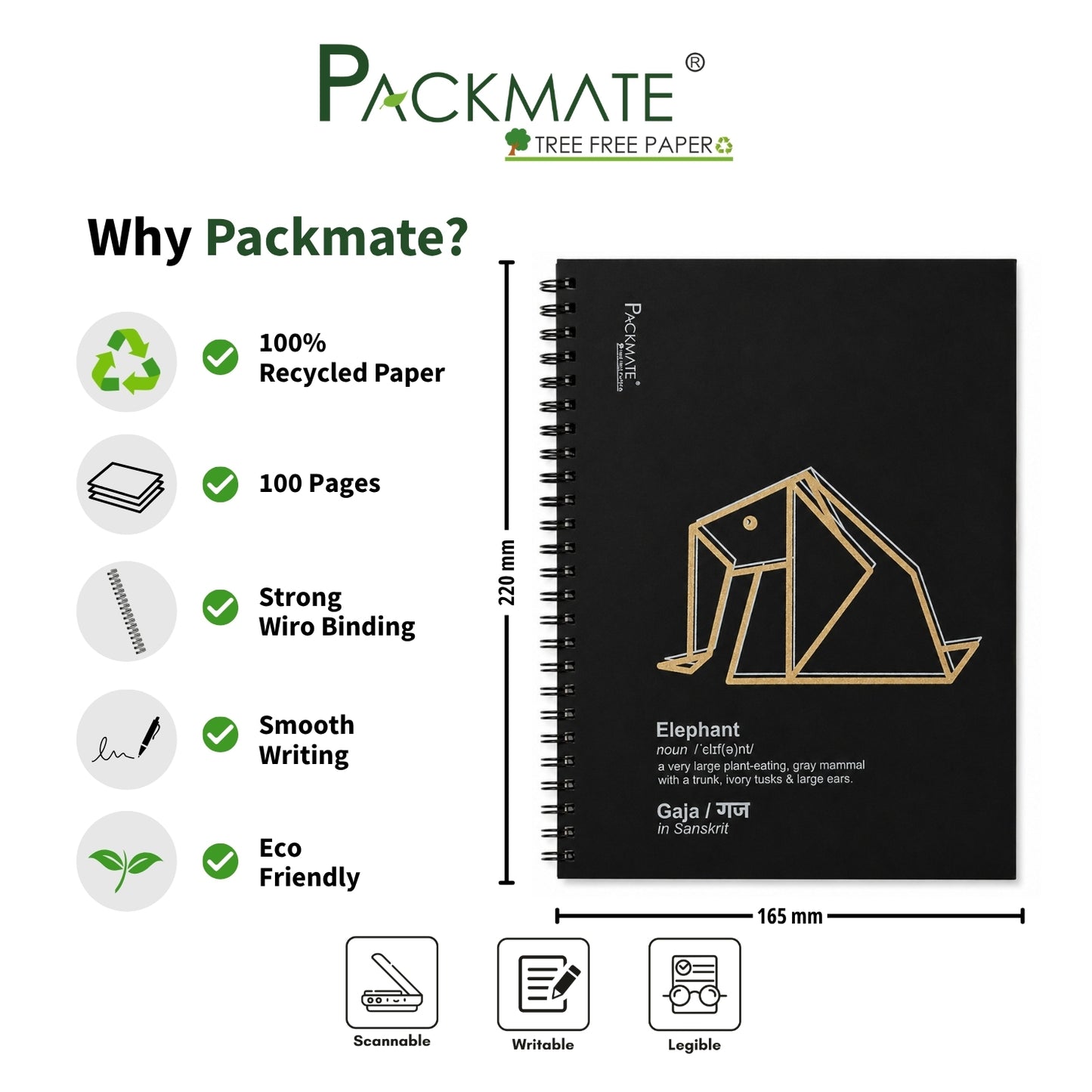 Packmate Black Spiral Notebook (Elephant Design) - Ruled Made of 100% Recycled Paper