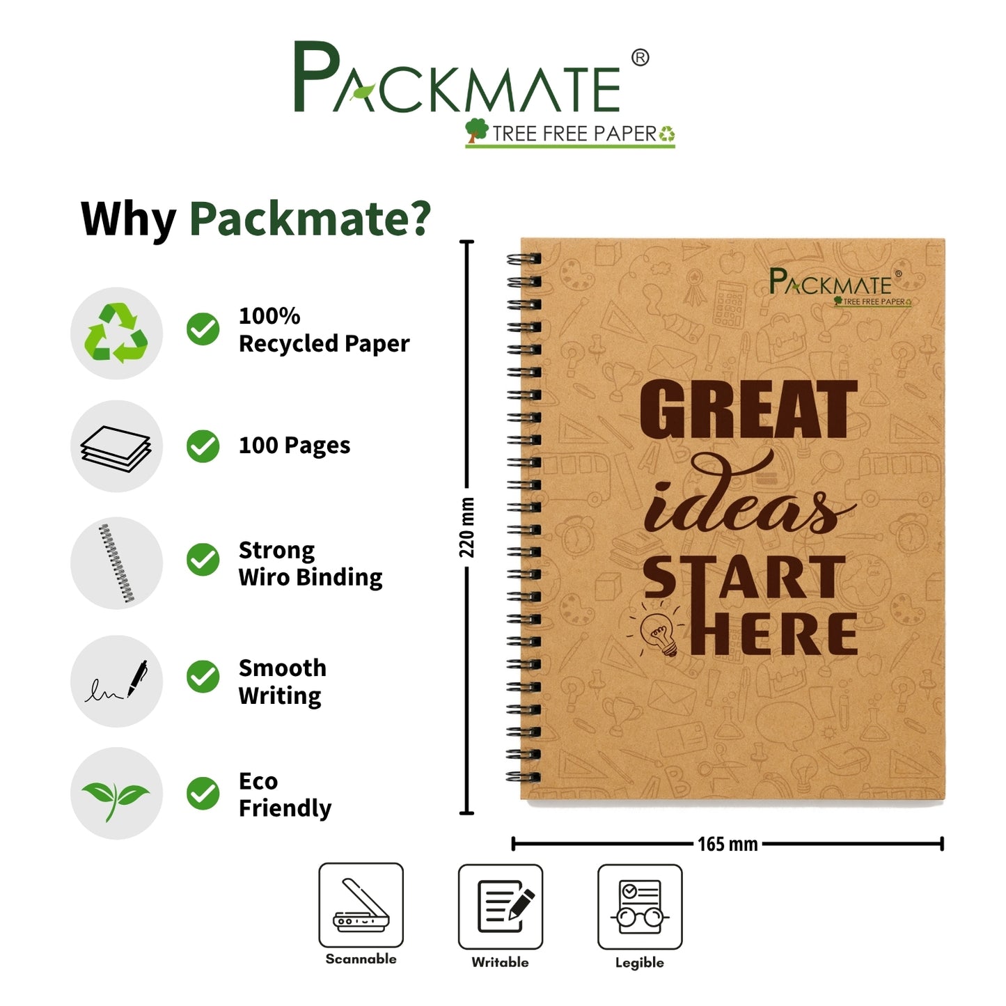 Packmate Spiral Notebook (Great Ideas Design) - Ruled Made of 100% Recycled Paper