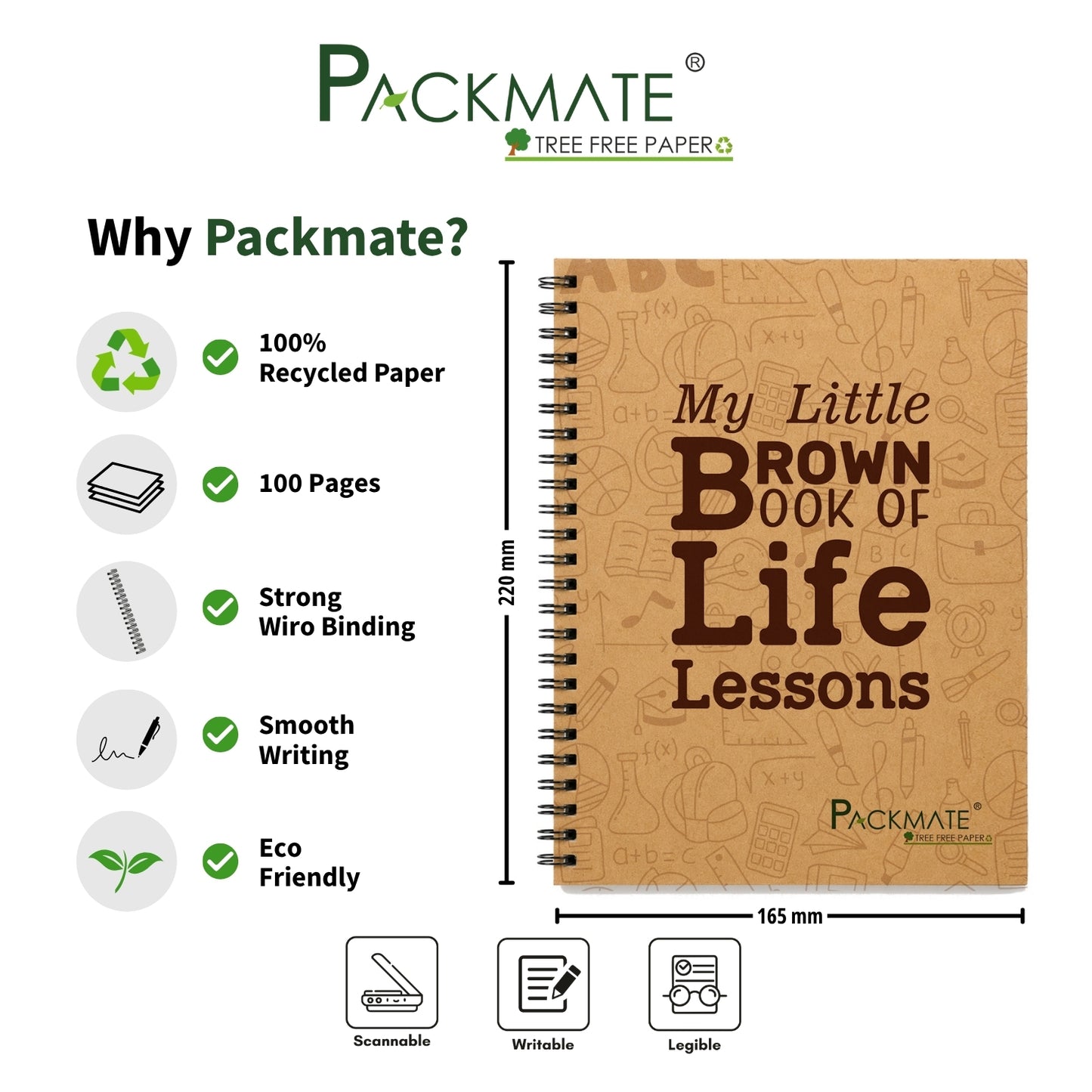 Packmate Spiral Notebook (Life Lessons Design) - Ruled Made of 100% Recycled Paper