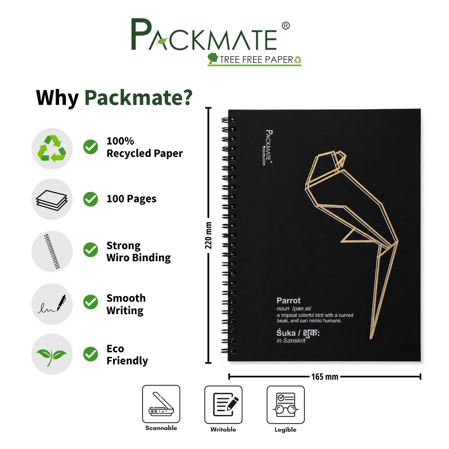 Packmate Black Spiral Notebook (Parrot Design) - Ruled Made of 100% Recycled Paper