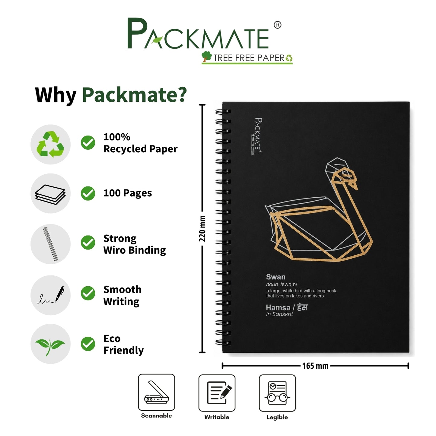 Packmate Black Spiral Notebook (Swan Design) - Ruled Made of 100% Recycled Paper