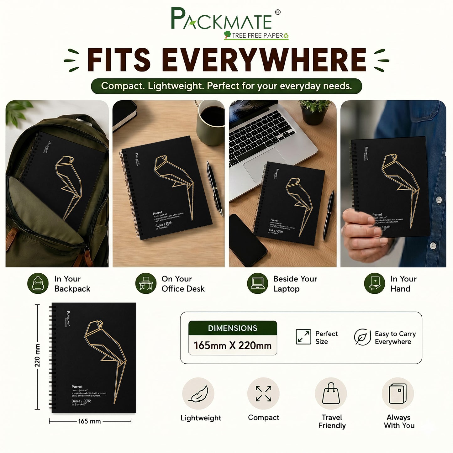 Packmate Black Spiral Notebook (Parrot Design) - Ruled Made of 100% Recycled Paper