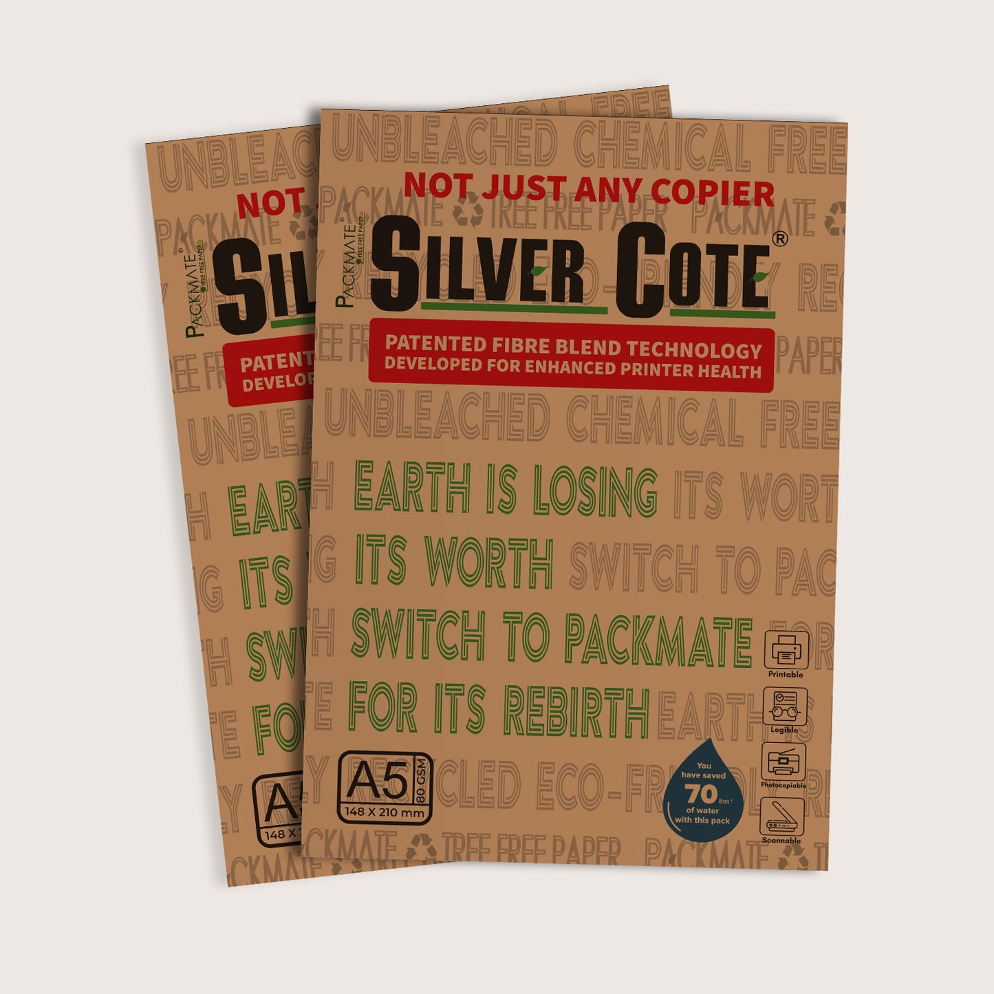 Packmate Silvercote A5 Copier, 1 Ream, 500 Sheets (Pack of 2) (Not Bright White) Made From 100% Recycled Paper