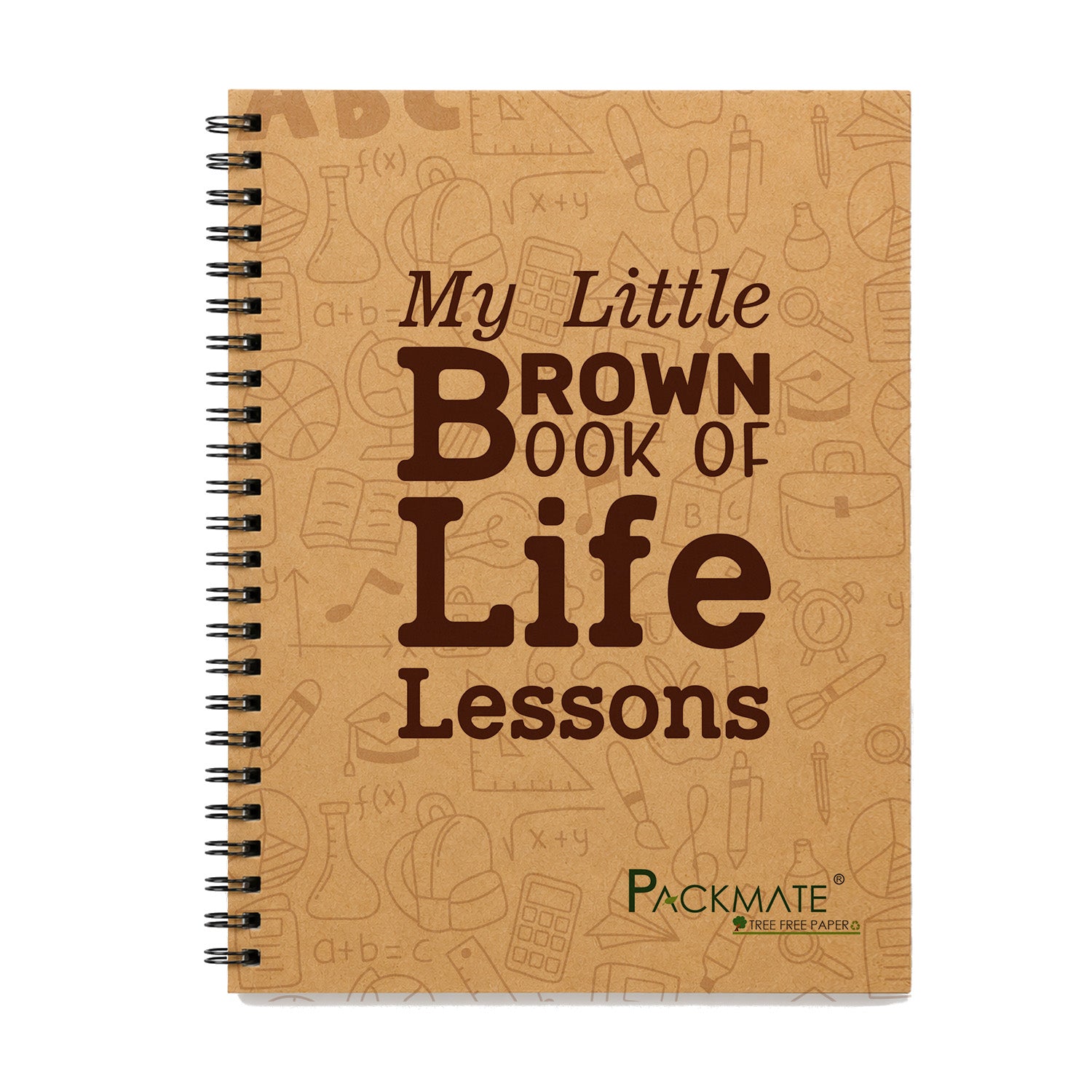 Eco-friendly brown spiral notebook by Packmate featuring 'My Little Brown Book of Life Lessons' cover design