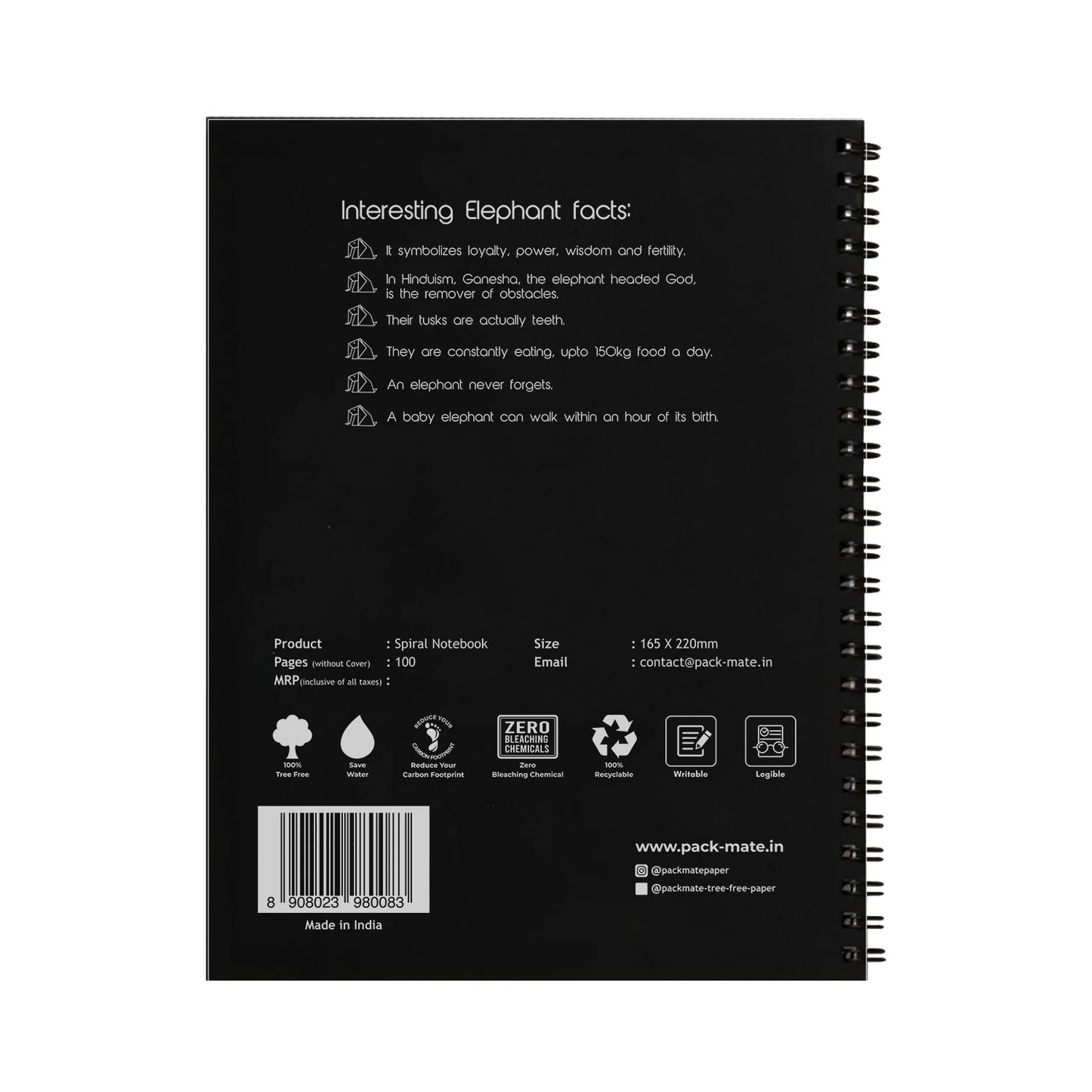 Packmate Black Spiral Notebook (Elephant Design) - Ruled Made of 100% Recycled Paper