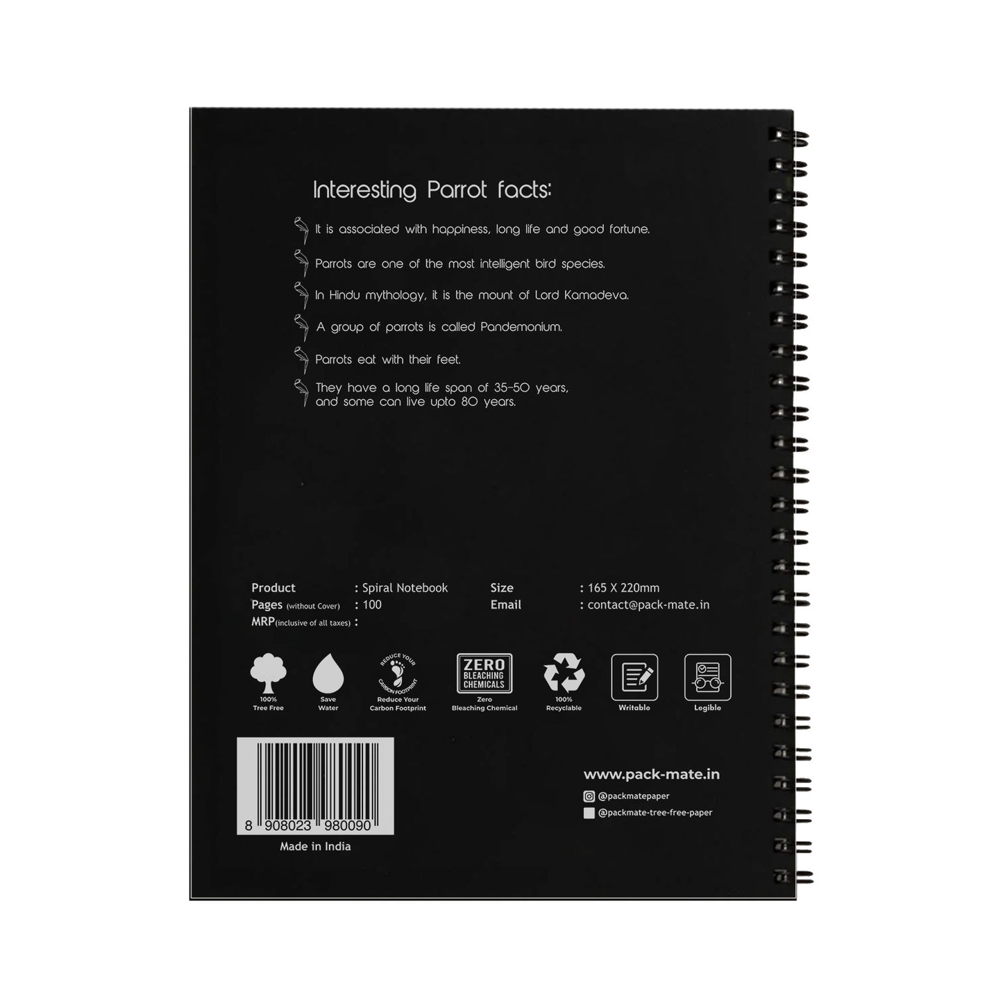 Packmate Black Spiral Notebook (Parrot Design) - Ruled Made of 100% Recycled Paper