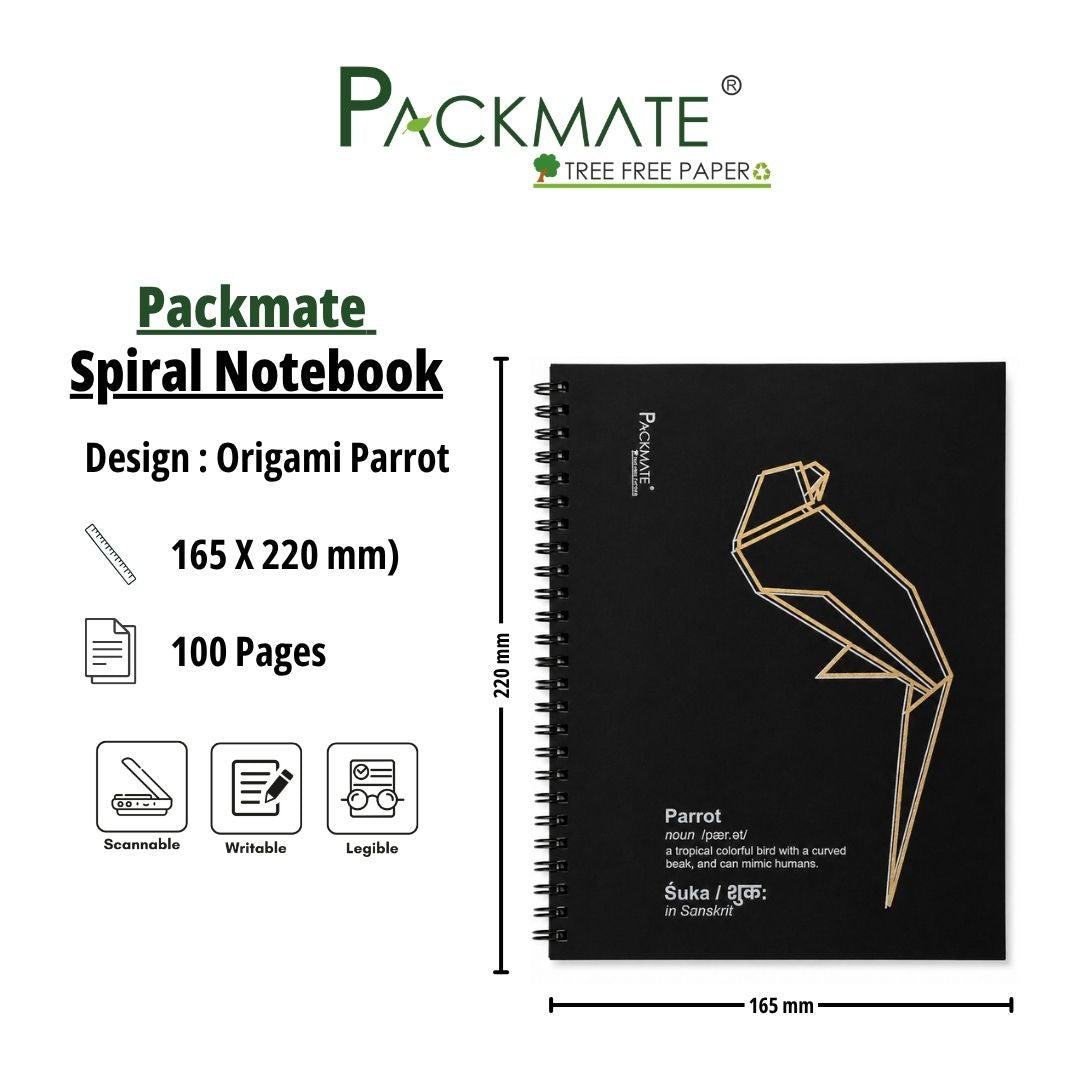 Packmate Black Spiral Notebook (Parrot Design) - Ruled Made of 100% Recycled Paper
