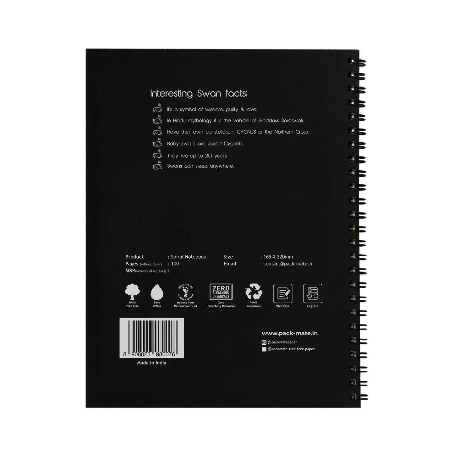 Packmate Black Spiral Notebook (Swan Design) - Ruled Made of 100% Recycled Paper