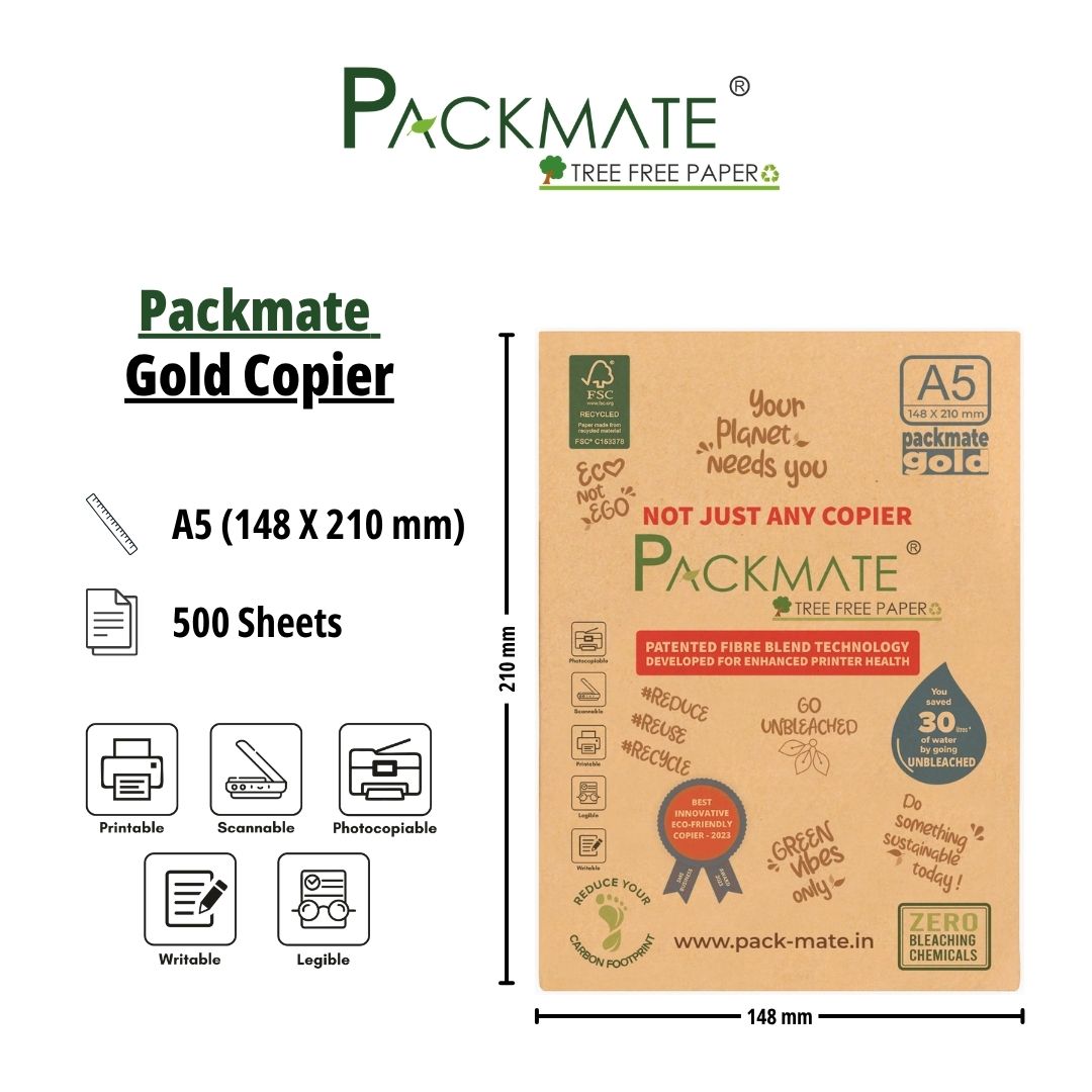 Packmate Gold Copier - A5, 1 Ream, 500 Sheet (Not Bright White)  Made of 100% Recycled Paper
