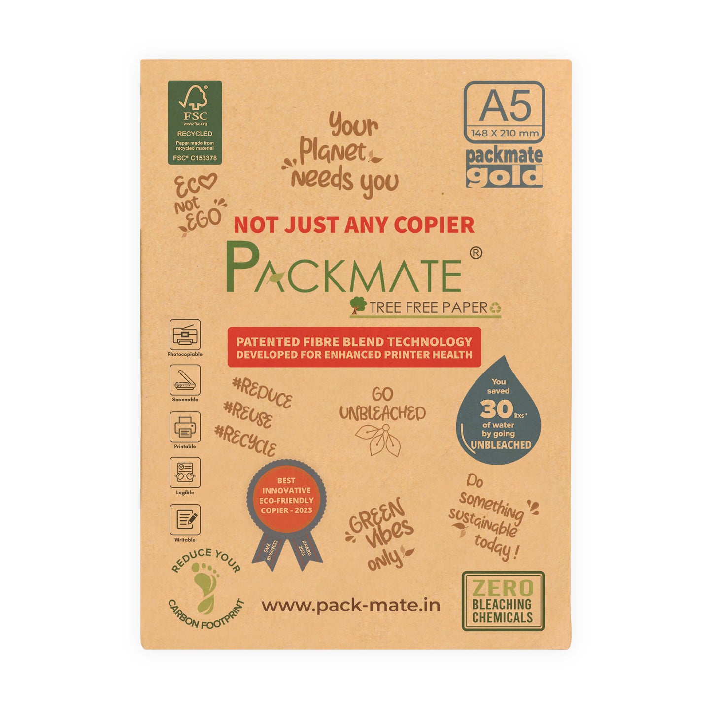 Packmate Gold Copier - A5, 1 Ream, 500 Sheet (Not Bright White)  Made of 100% Recycled Paper