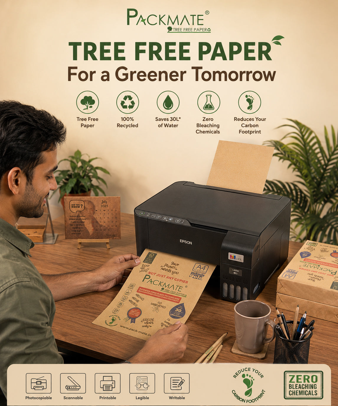 Packmate Gold A4 Paper Ream - 500 Sheets  (Not Bright White) | Eco-Friendly 100% Recycled Copier Paper | Smooth, Durable, and Affordable for Sustainable Printing